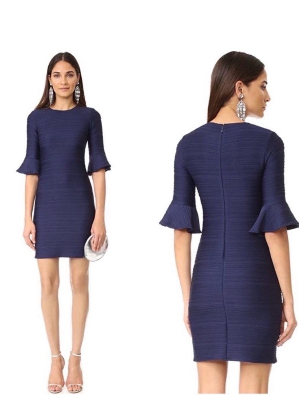 Shoshanna Navy Textured Bell Sleeve Mini Dress